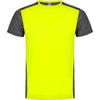 A bright yellow and grey t-shirt featuring short sleeves and a logo on the chest area.