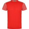 A red T-shirt with grey sleeves and side panels, featuring a logo on the neckline.