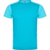 A turquoise T-shirt with contrasting light blue sleeves and a logo on the collar.