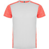 A T-shirt with a grey body and coral-red sleeves, featuring a logo on the neckline.