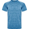A blue T-shirt with a textured finish and a logo on the front. Suitable for casual wear.