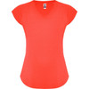 A vibrant coral V-neck T-shirt with cap sleeves and a slightly curved hem. It features a logo on the label.