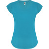 A turquoise V-neck T-shirt with cap sleeves and a fitted silhouette. It features a small logo.