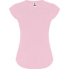 A pink T-shirt with a fitted design and a logo on the collar.