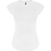 A white V-neck t-shirt with cap sleeves and a branded label on the neckline.