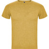 A mustard yellow t-shirt with a round neckline and short sleeves, featuring a logo on the inside label.
