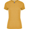 A mustard yellow women's t-shirt with short sleeves and a fitted design. It features a logo on the neckline.
