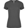 A grey women's T-shirt with short sleeves and a fitted design, featuring a small logo.
