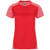 A red women's T-shirt with short sleeves and contrasting textured red sleeves, featuring a brand logo.