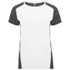 A women's T-shirt featuring a white body and grey raglan sleeves, with branding on the label.