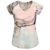 A women's Jada T-Shirt with a pastel, abstract pattern, featuring a v-neck and cap sleeves. It has a logo on the tag.