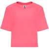 A bright pink cropped t-shirt with short sleeves and a label at the neck.