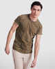 A fitted olive green T-shirt with rolled sleeves, displayed on a model in a neutral background.