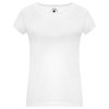 A white T-shirt with a round neckline and short sleeves, featuring a logo on the inside label.