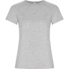 A grey women's T-shirt with a classic crew neck and short sleeves, featuring a logo on the label.