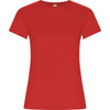 A red women's T-shirt featuring short sleeves and a round neckline, with a logo on the label.