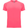 A bright pink T-shirt with short sleeves and a crew neck. It features a logo on the label.