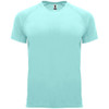 A light blue T-shirt with a round neck and short sleeves, featuring a logo on the label.