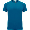 A blue T-shirt with short sleeves and a round neckline, featuring a logo on the label.