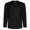 A black long-sleeved t-shirt with raglan sleeves and a logo on the neckline.