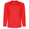 A red long-sleeved t-shirt with a round neckline and raglan sleeves. It has a logo on the neckline.