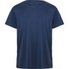A plain navy blue t-shirt with a crew neck and short sleeves. It features a logo on the front.