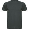 A dark grey t-shirt with short sleeves and a rounded neckline. It features a logo on the chest.