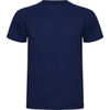 A navy blue t-shirt with short sleeves and a rounded neckline. It features a logo on the front.