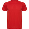 A red t-shirt with short sleeves and a round neckline, featuring a logo on the front.