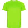 A bright green t-shirt with a crew neck and short sleeves. It features a logo on one side.