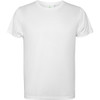 A plain white T-shirt with a simple design, featuring short sleeves and a crew neck. Includes a logo.