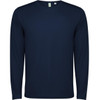 A navy long-sleeved T-shirt with a crew neck and a logo on the label.