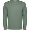 A long-sleeved T-shirt in a muted green colour with a simple design and a logo.
