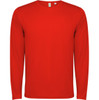 A bright red long-sleeved T-shirt with a crew neckline, featuring a logo on the front.