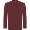 A maroon long-sleeved t-shirt with a crew neck and a small logo on the collar.