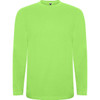 A bright neon green long-sleeved T-shirt with a round neckline and a logo on the collar.