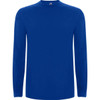 A blue extreme long sleeved T-shirt with a round neckline and a branded label at the collar.