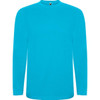 A long-sleeved t-shirt in a vibrant turquoise colour, featuring a simple design and a logo at the collar.