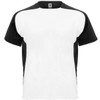 A T-shirt featuring a white front and black sleeves, with a logo on the neckline.