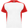 A red and white T-shirt with contrasting sleeves and a logo. Suitable for casual wear.