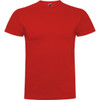 A red T-shirt featuring a crew neck and short sleeves, with a logo on the label.
