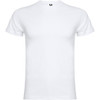 A white t-shirt featuring a logo on the neckline, with short sleeves and a crew neck design.