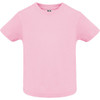 A pink youth t-shirt with a round neckline and short sleeves, featuring a branding logo.