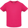 A bright pink baby T-shirt with a crew neckline and short sleeves. It features a small logo on the left side.
