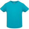 A turquoise baby t-shirt featuring a crew neckline and short sleeves; includes a logo.