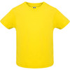 A yellow youth t-shirt with a classic crew neckline and short sleeves. It features a logo on the back.