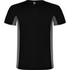 A black T-shirt with grey accents, featuring short sleeves and a logo at the collar.
