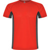 A red T-shirt with grey side panels and a logo. It features a round neck and short sleeves.