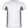 A white T-shirt with grey sleeves and side panels, featuring a logo on the collar.
