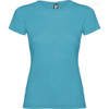 A turquoise T-shirt with a fitted design and short sleeves, featuring a brand logo.